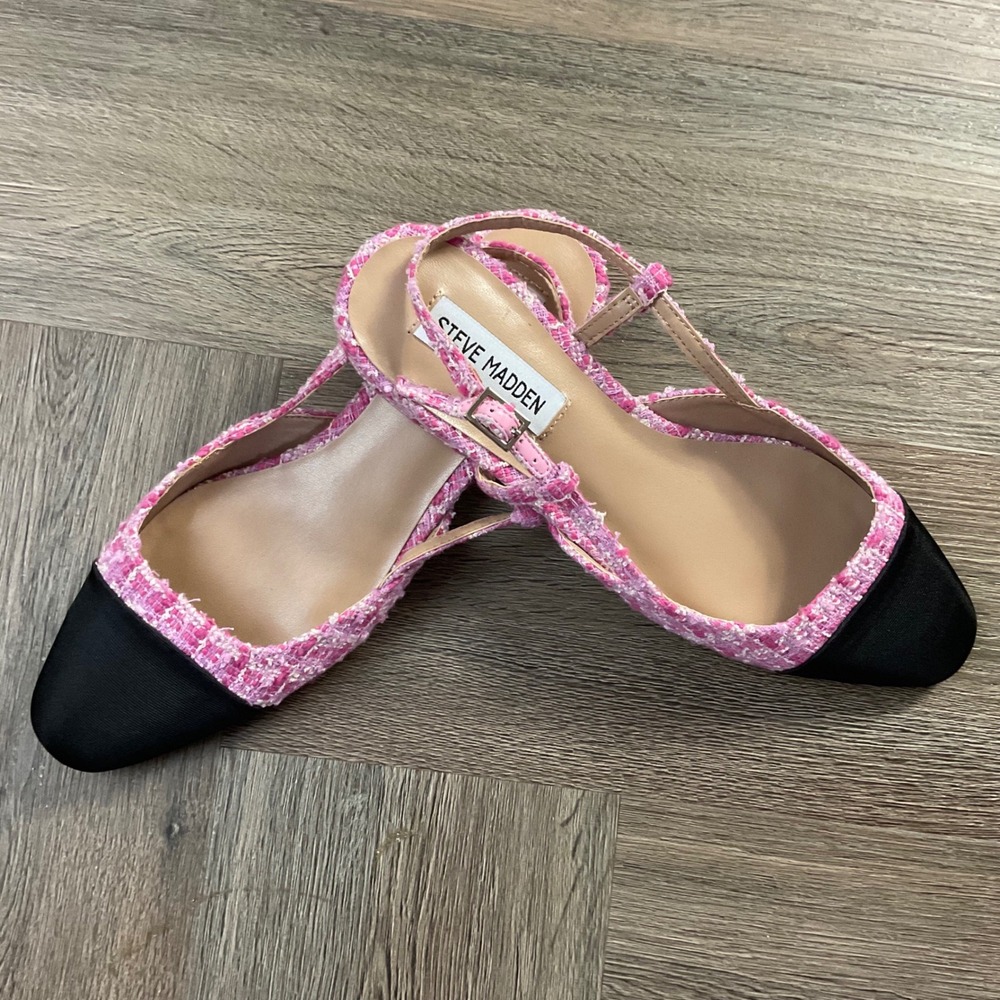 Steve Madden Belinda Tweed Cap Toe Slingback Block Heel Pumps 7.5M Pink Black